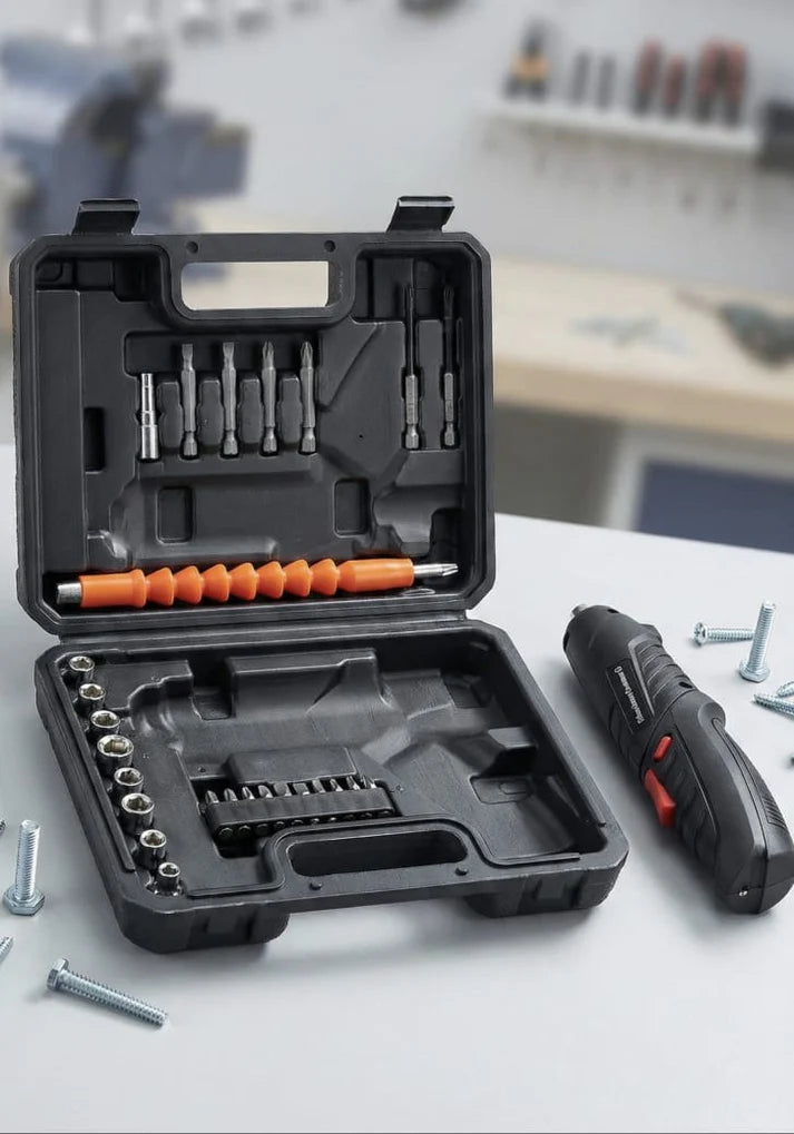 Rechargeable Cordless Screwdriver Kit (47 Pcs) – Multi-Function Electric Drill Set with Flexible Shaft, Screw Bits, Sockets & Carrying Case for DIY Home Repairs JVECOMB2B