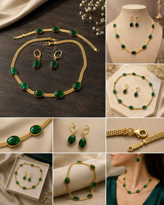 Gold Plated Necklace Earing Set for Women Stainless Steel Oval Green Crystal Pendant Necklace